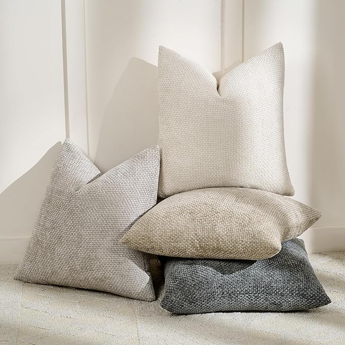 Volcanics Boho Throw Pillow Covers 20x20 Set of 4, Neutral Chenille Decorative