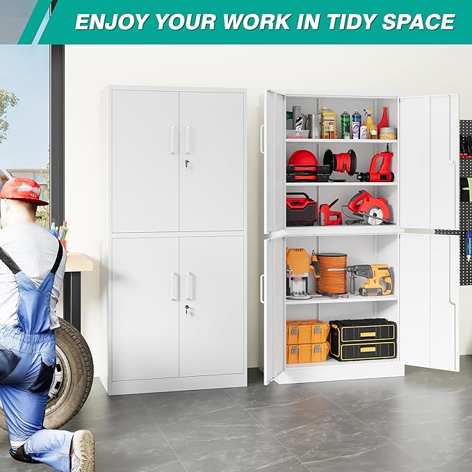Metal Storage Cabinet with 3 Adjustable Shelves, Tall Steel Pantry Cabinets 4