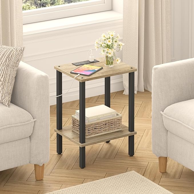 TUTOTAK End Table with Charging Station, Small Side Table, Nightstand Bedside