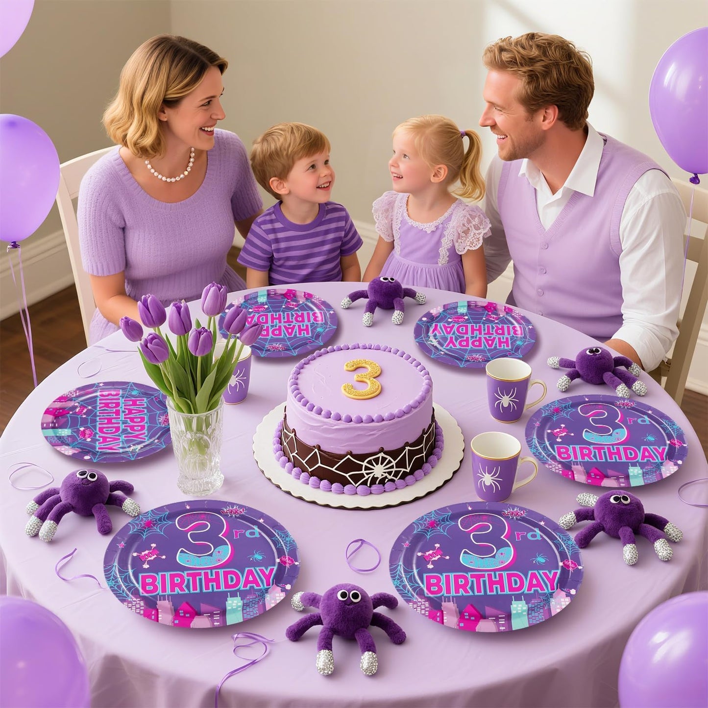 Greencian Purple Spider 3rd Birthday Party Decorations Purple Spider Themed Plates and Napkins Cartoon 3rd Decorations for 3 Years Old Boys Girls Kids Birthday Party Supplies