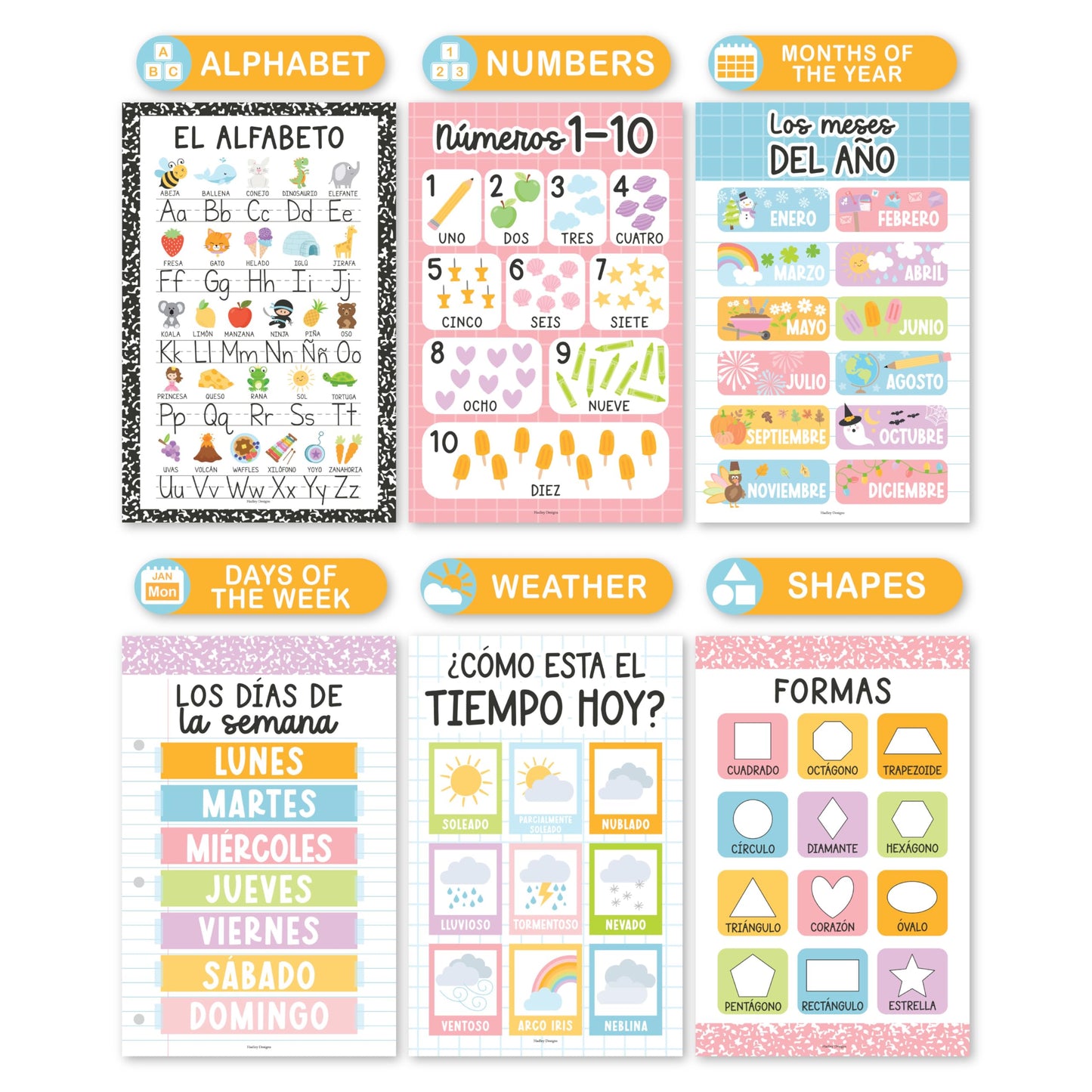 Hadley Designs Spanish Posters for Classroom - 12 Bilingual Educational Posters for Spanish Classroom Decorations Must Haves, Calendario y Alfabeto en Español Para la Pared, Pastel Teacher Supplies
