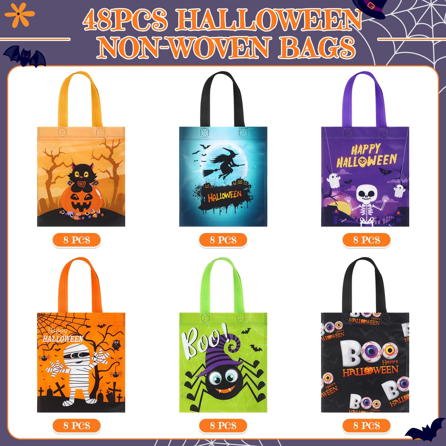 Ribbonlic 48 Pcs Halloween Treats Bags Tote Gift Reusable Candy Goodie Bags for Halloween Party Favors(Funny Style)
