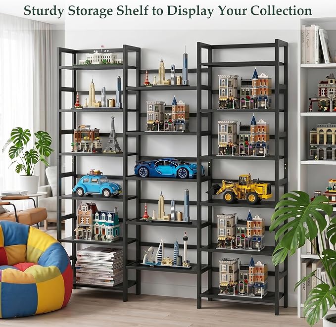 Homykic Bamboo Bookshelf, 71” Tall Triple Wide Bookcase