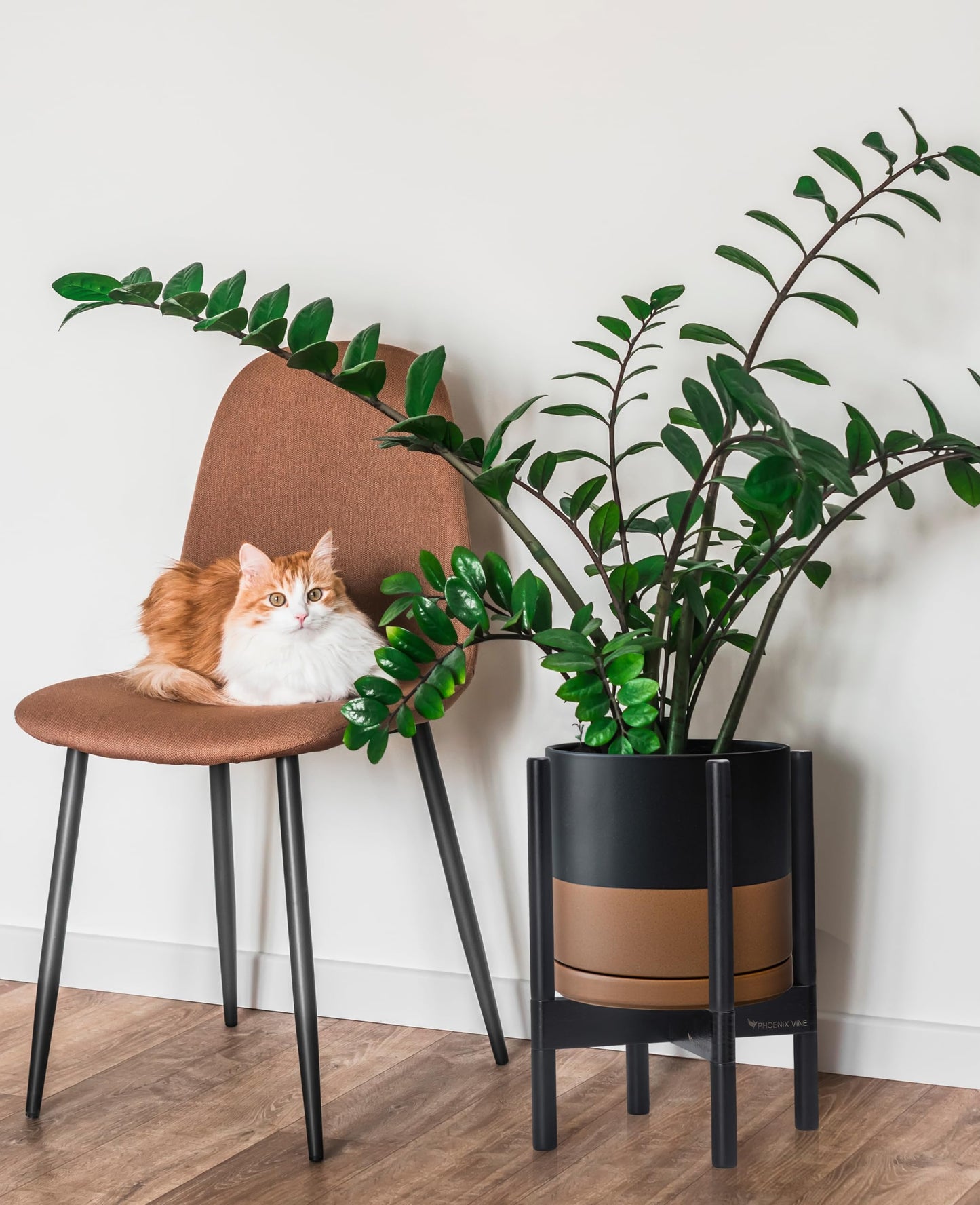 D'vine Dev Ceramic Planter with Ebony Stand - 10 Inch Modern Round Flower Pot with Wood Planter Holder, Black/Speckled Tan, 55-B-L-7