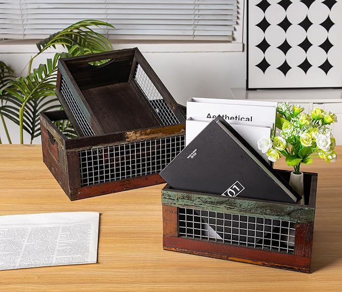 TIMRIS Set of 3 Rustic Wood Nesting Crates, Farmhouse Distressed Wooden Storage