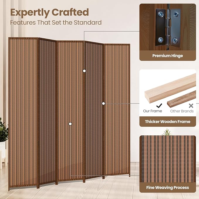 5 Panel Room Divider and Extra Wide Folding Privacy Screen, Bamboo Room Divider