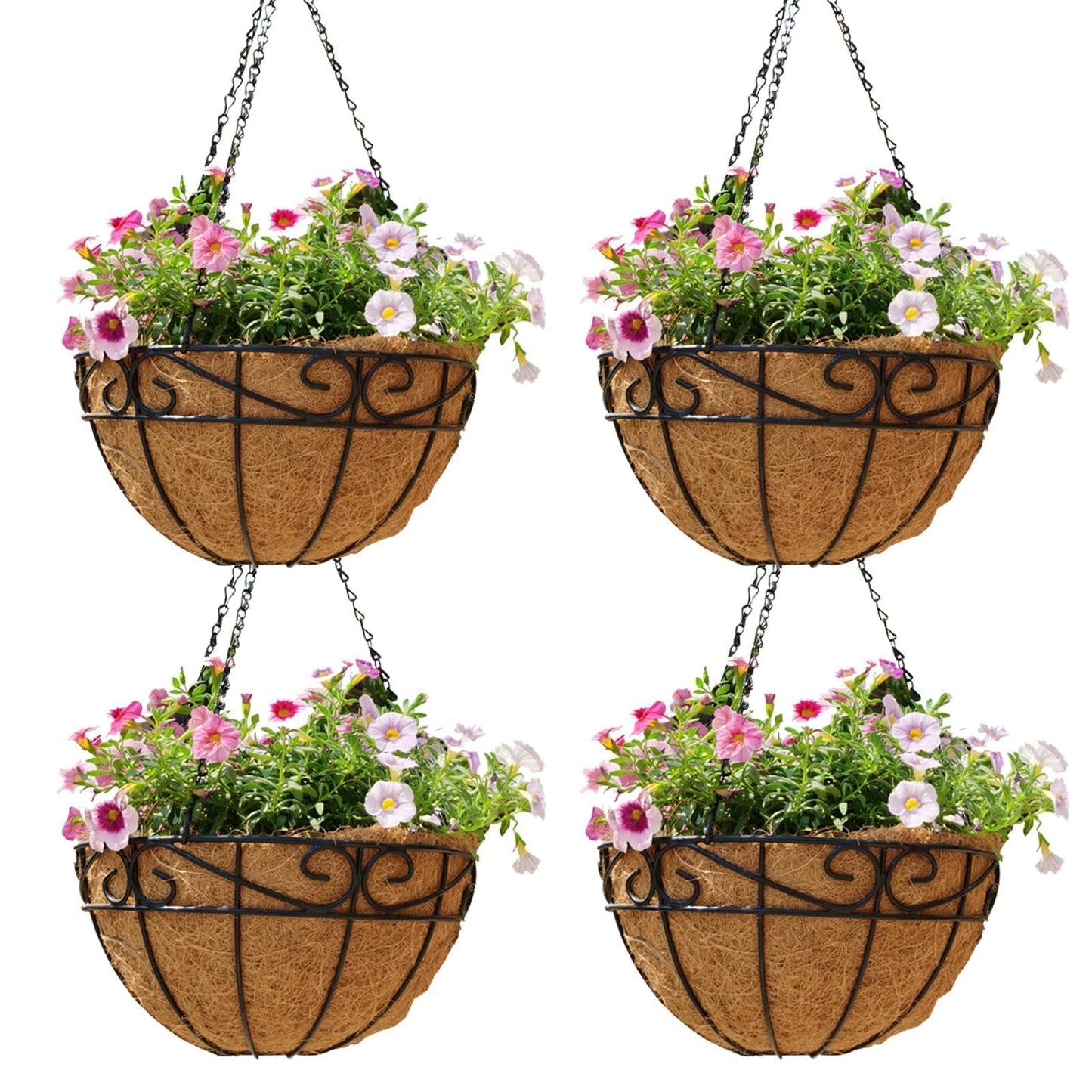 Qusuxi 4 Pack 14 Inch Hanging Baskets for Plants Outdoor Metal Hanging Planter Hanging Flower Baskets with Coco Fiber Liners Chain Round Wire Plant Holder Hangings Flower Pots(Plaid)