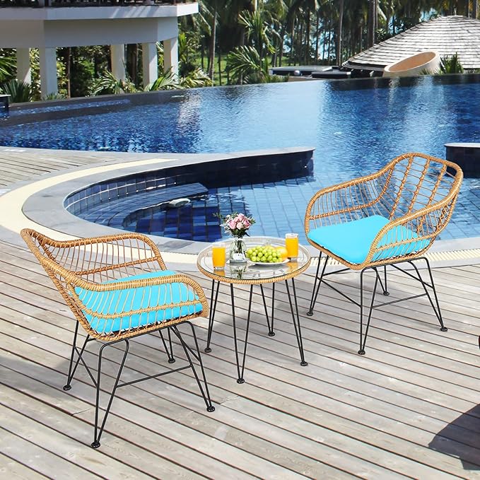 Tangkula 3 Pieces Patio Bistro Set, Rattan Conversation Set