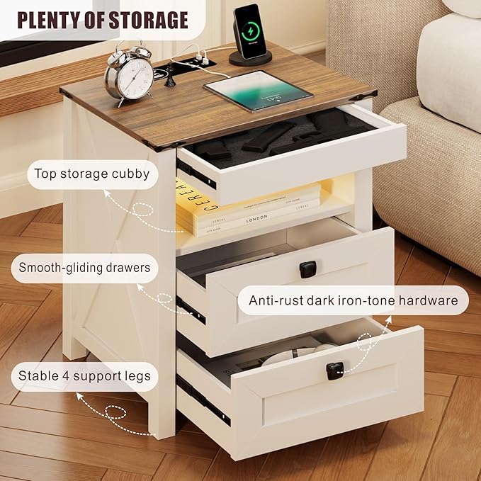 HWB LED Nightstand with Gun Drawer: Bedside Table with Charging Station