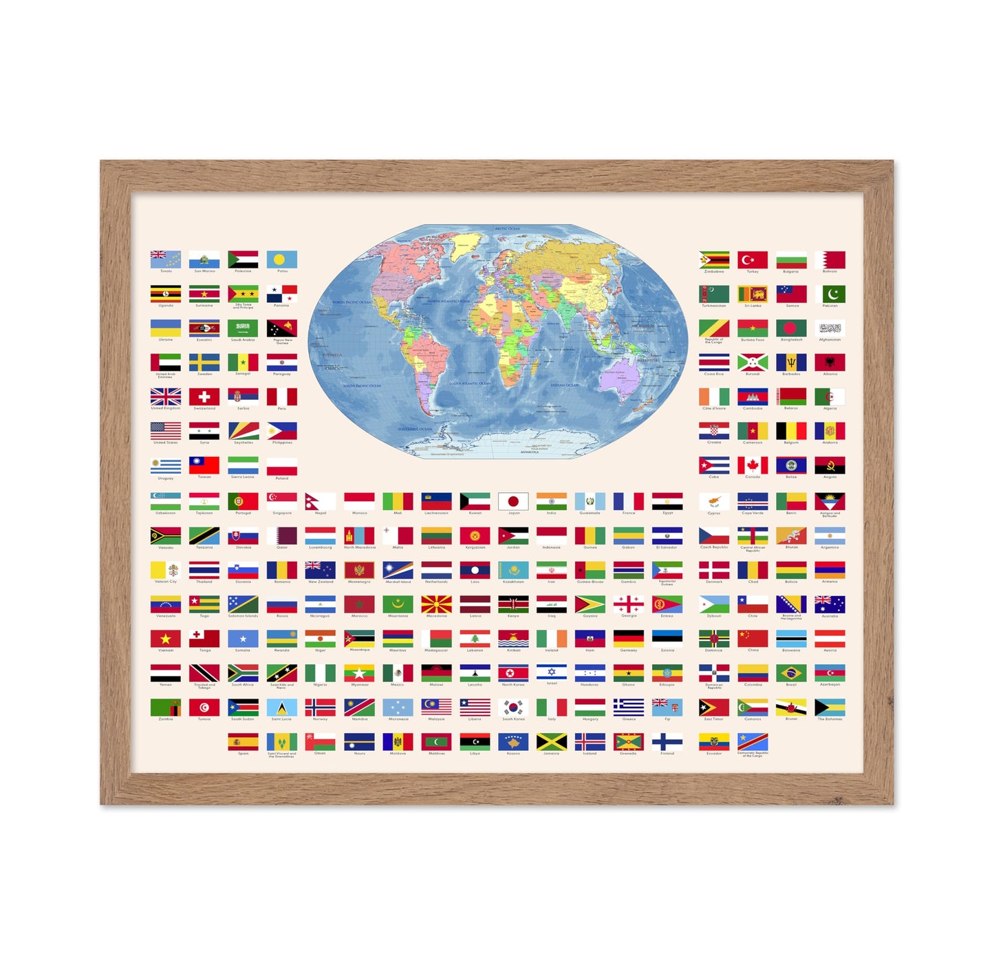 Poster Master Flags of the World Poster - World Print - Learning Materials Art - Educational Art - Gift for Kids, Students & Teacher - Wall Decor for Classroom or Library, 11x14 Beige Framed