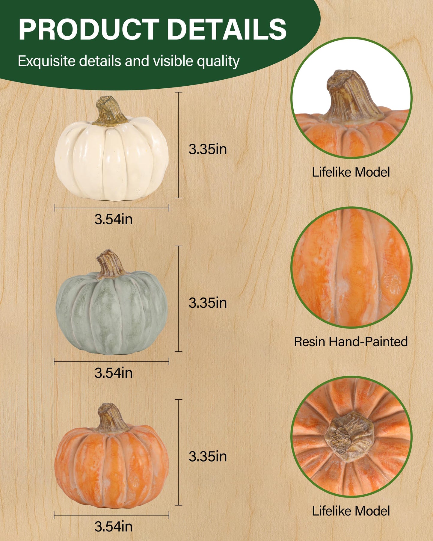 GoGnome Set of 3 Decorative Pumpkins – Resin Fall Harvest Décor in White, Sage Green & Orange, Rustic Autumn Table Centerpiece for Thanksgiving Farmhouse Home Decoration (White)