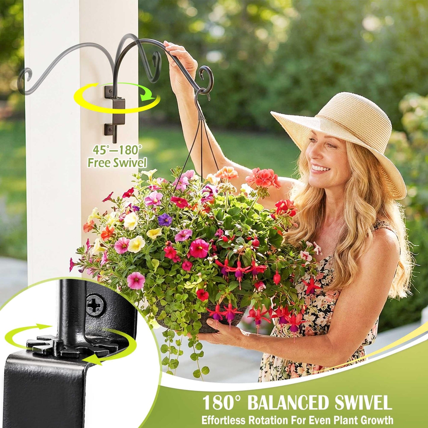 Qiang Ni Swivel Plant Hanger - 16 Inch 60 lbs Capacity Anti-Rust Metal Wall Mount Hook with Mounting Screws - for Indoor Outdoor Hanging Bird Feeders, Flower Baskets, Wind Chimes, Lanterns