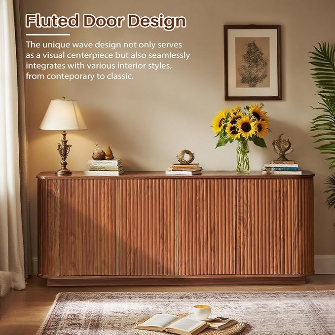 Fluted TV Stand for TVs Up to 75 Inch, Walnut Mid Century Modern TV Console for