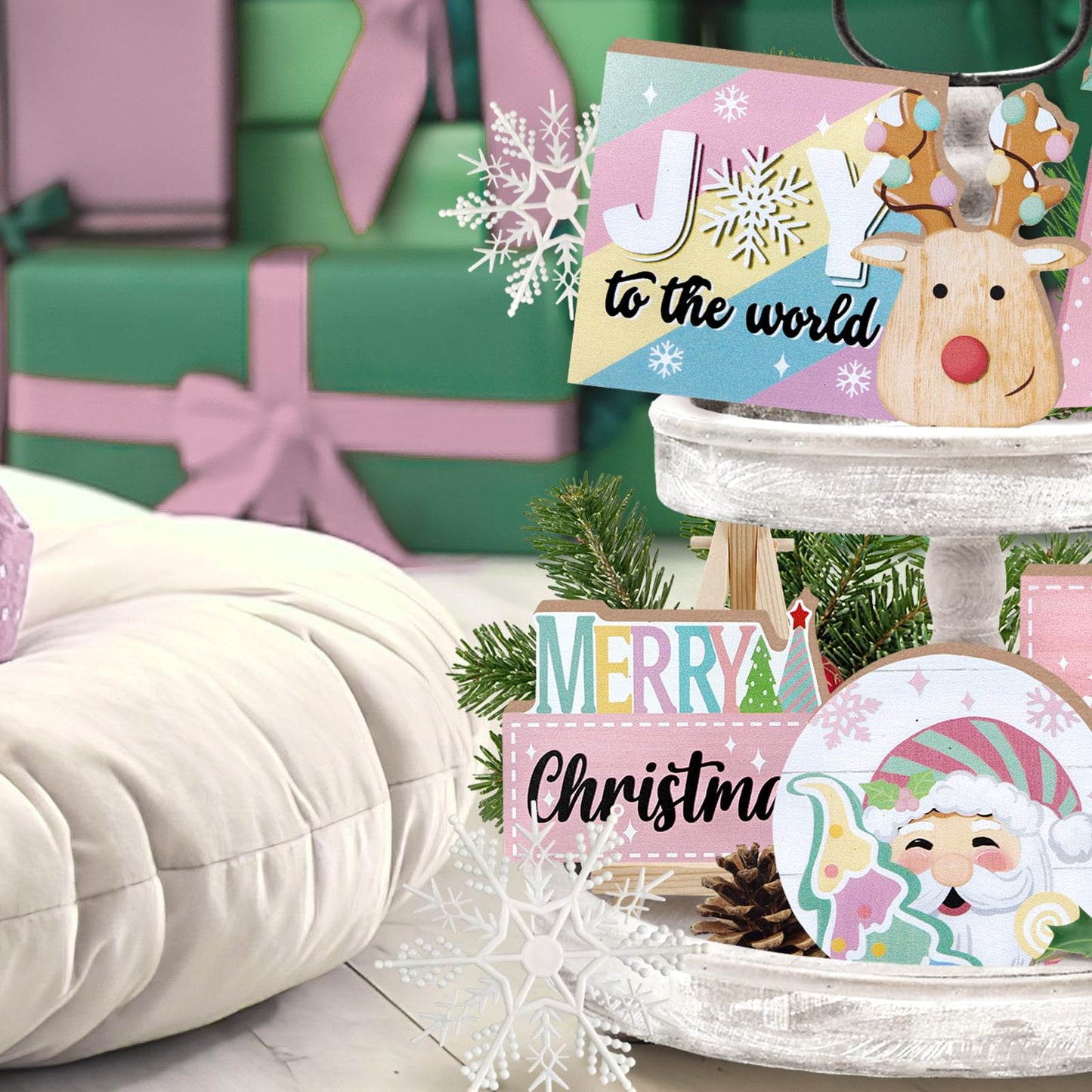 Uruney Merry Christmas Tiered Tray Decor, Pink Xmas Tree Santa Deer Tray Decorations, Hohoho Joy to The World Snowflake Wooden Signs, Holiday Rustic Farmhouse Home Decor for Table Shelf Mantel Party