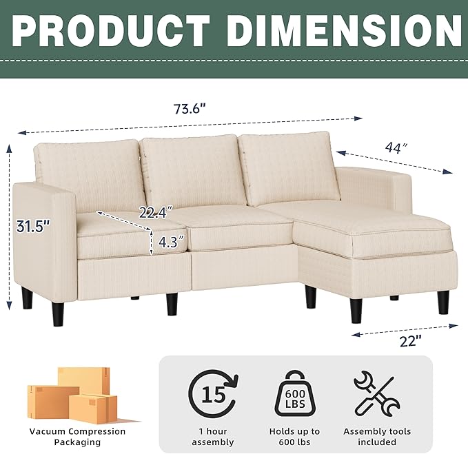 SUNLEI 73.6" Modular Sectional Sofa, Comfy Cloud Couch