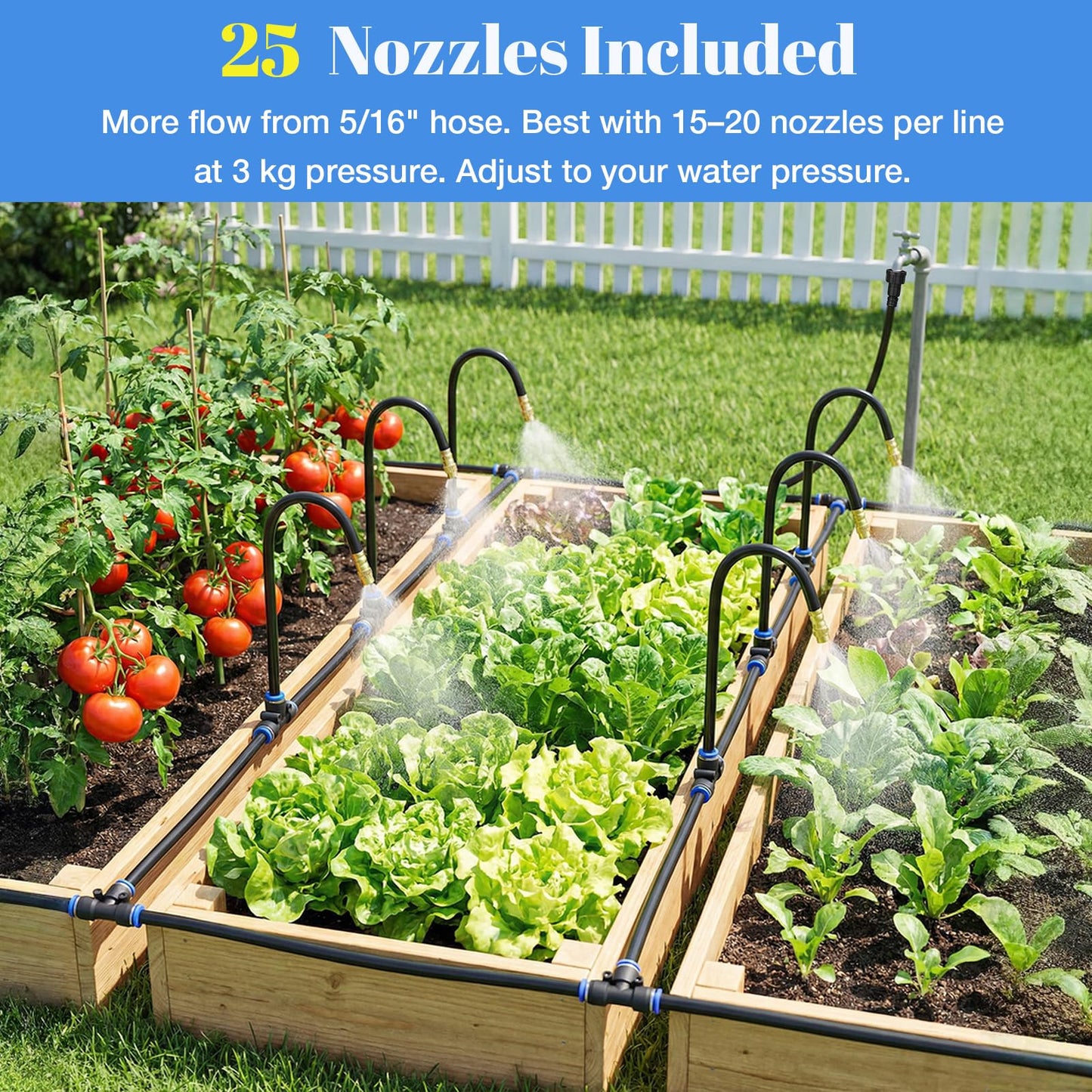 GOTGELIF 100FT Drip Irrigation Kit, with 25Pcs 360° Adjustable Nozzles, 5/16" Tubing, 30 T-connectors, Water-Saving System, Garden Watering Sprinkler for Greenhouse, Vegetable,Potted Plants, Lawn