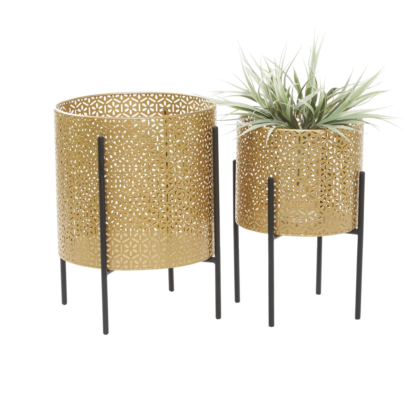 CosmoLiving by Cosmopolitan Metal Indoor Outdoor Planter Floral Cutout Small Planter Pot with Removable Stand, Set of 2 Planters 15", 14"H, Gold