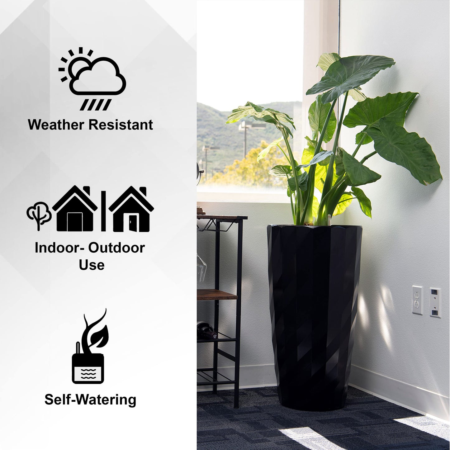 XBrand 30" H Black Plastic Self Watering Indoor Outdoor Diamond Look Round Planter Pot, Tall Decorative Gardening Pot, Home Décor Accent