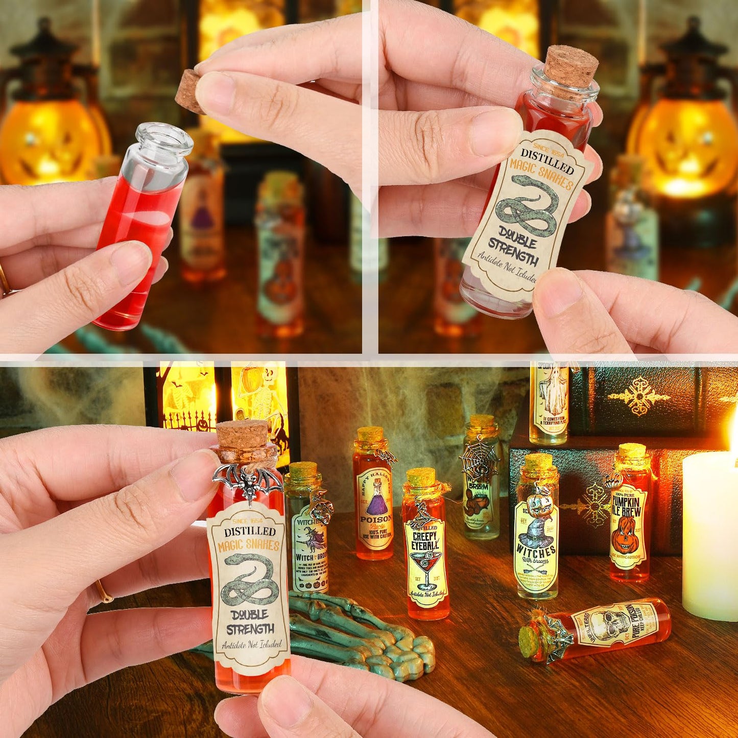 ZAUGONTW 91 Pcs Halloween Potion Bottle Set, 30 Potion Bottles with Cork Stoppers, Stickers, 30 Charms Pendants and 1 Piece String for Halloween Tiered Tray Decorations, Indoor Party Supplies