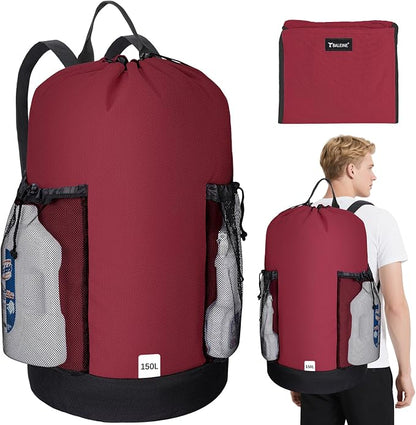 BALEINE 150L Laundry Bag Backpack, 900D Oxford Fabric Large Travel Laundry Bags with Shoulder Straps and 2 Mesh Pockets for College Dorm, Apartment, Laundromat (Red, 150L) ﻿