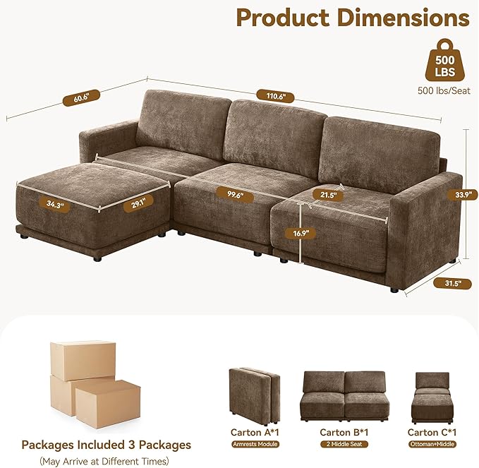 110.6" L Shaped Modular Sectional Sofa Modern Chenille Comfy Couch