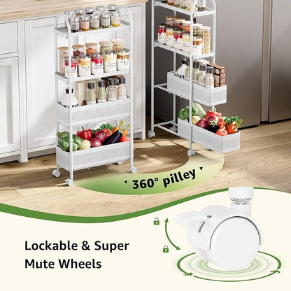 KINGRACK 4-Tier Slim Storage Cart with Pull Out Basket, Rolling Bathroom Organizer Utility, Metal Shelving Unit Slide Out, Lockable Wheels, Easy Assembly for Narrow Place, Kitchen, Laundry Room, White