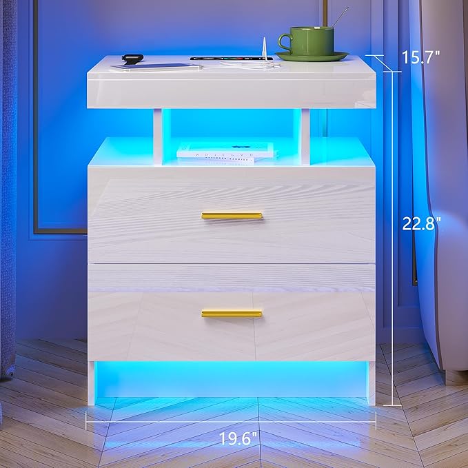 HNEBC Nightstand Set of 2 with Charging Station, Auto LED Night Stand with