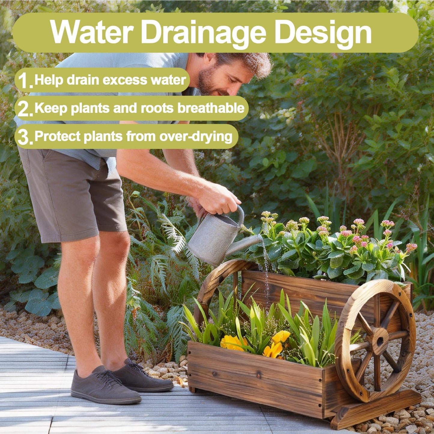 PUPATIOB Wooden Planter Box, 2-Tier Wagon Wheel Garden Planter with Wheels, Rustic Farmhouse Flower Cart Outdoor Decorative Vertical Raised Bed for Patio, Porch, Herbs & Succulents, Carbonized, Large