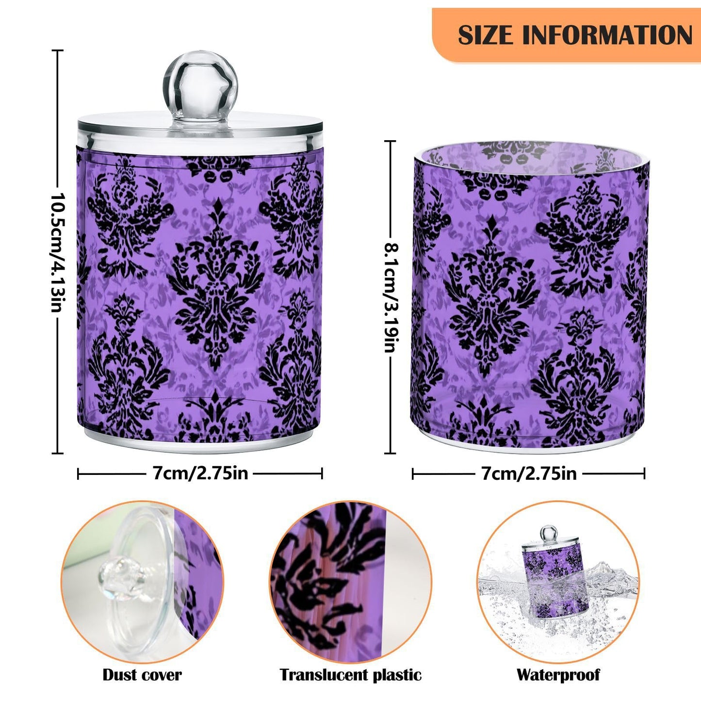 Halloween Purple Haunted Damask Qtip Holder Dispenser Qtip Apothecary Jar Plastic Bathroom Storage Canister 10 Oz for Cotton Ball Swab Round Pads Floss 2pc