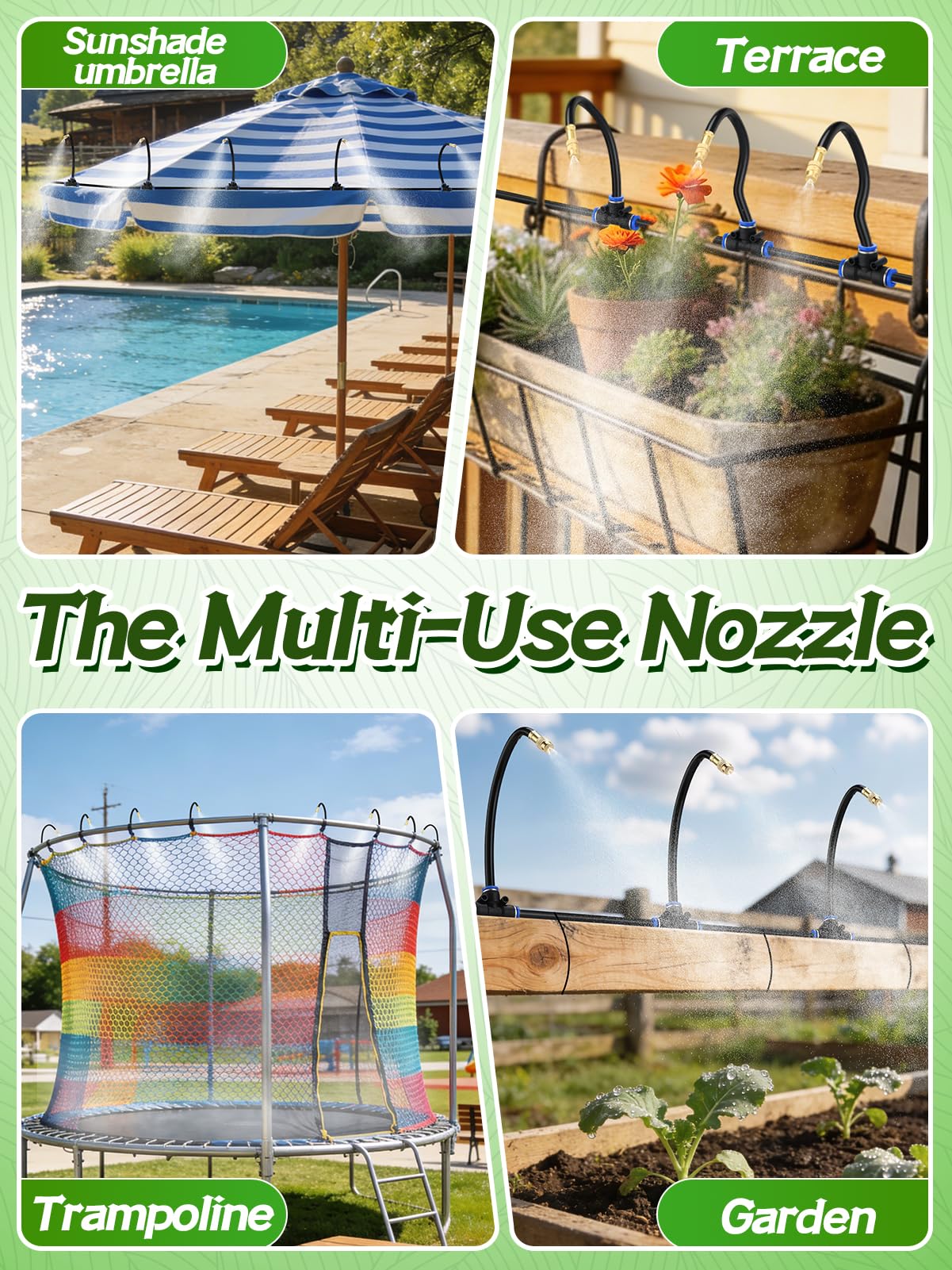49ft Drip Irrigation System - Includes 15pcs 360° Adjustable Copper Nozzles, 5/16" PE Tubing, 1/2" & 3/4" Faucet Adapters, Automatic Garden Watering Sprinkler System Kit for Raised Bed Plants Lawn