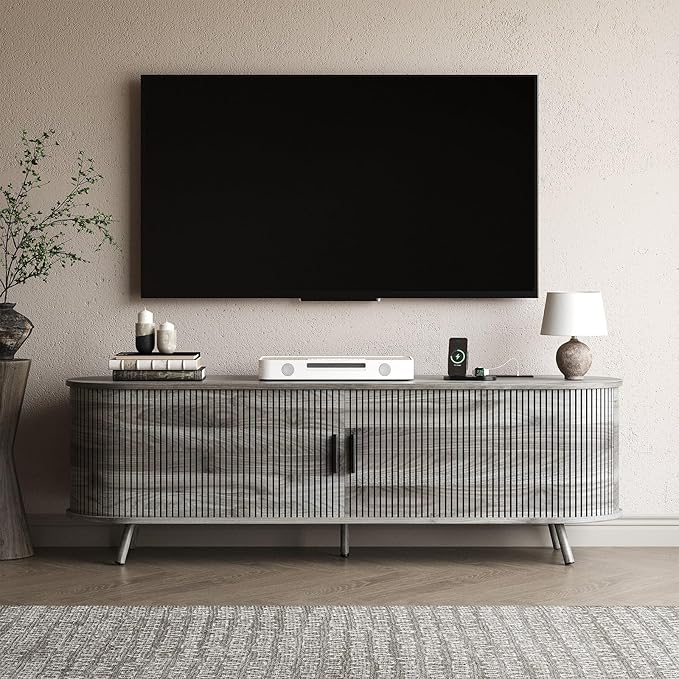 63 inch TV Stand with Power Outlet, Fluted Entertainment Center