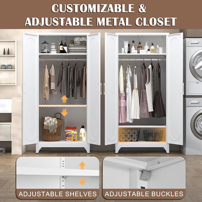 SteeLoong 71" Metal Armoire Wardrobe Closet with Doors，Tall Clothing Storage Cabinet with Adjustable Shelves and Hanging Rod,White Wardrobe Closet for Bedroom,Home,Office,Gym