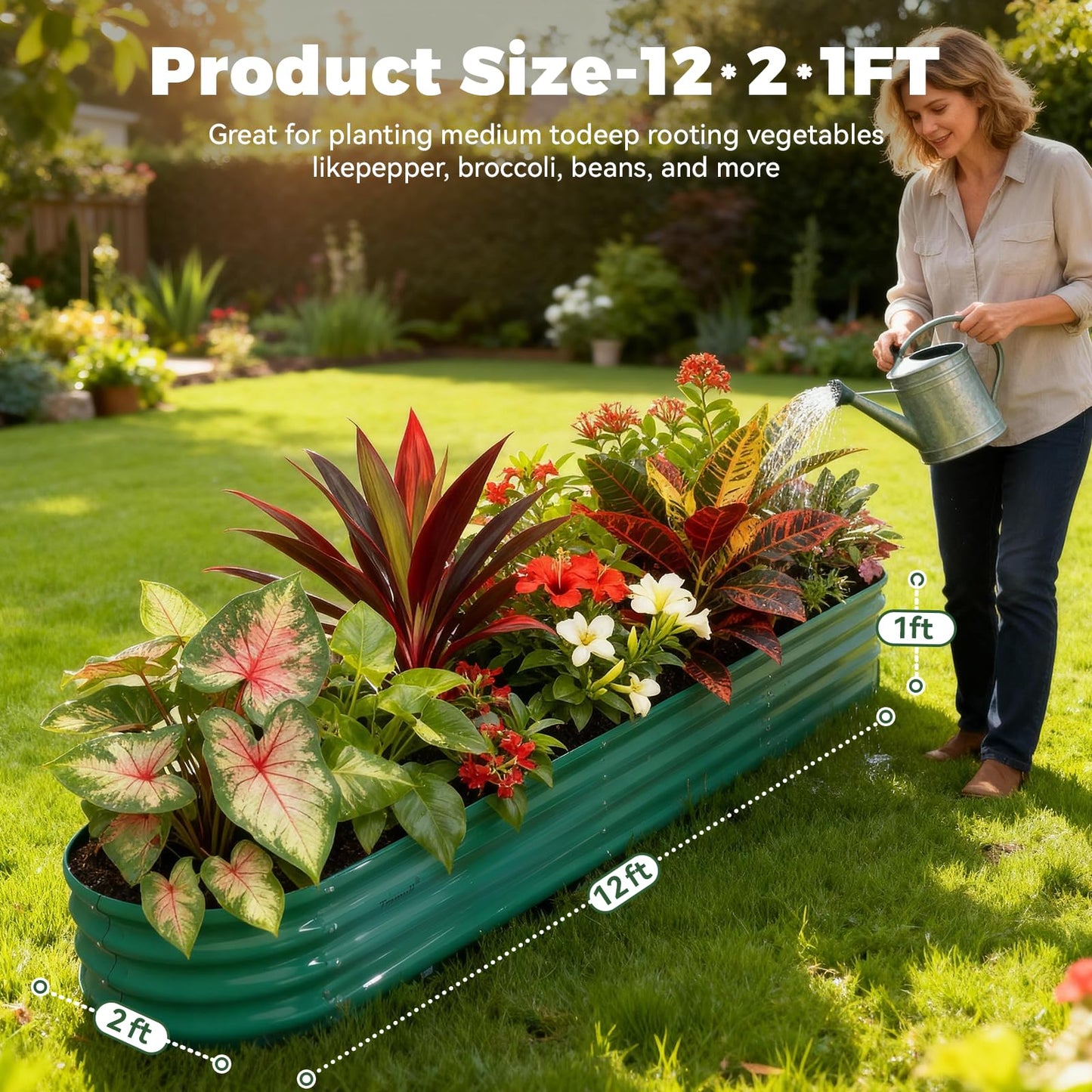 12x2x1 ft Raised Garden Bed, 12" Tall Galvanized Metal Raised Beds for Gardening Kit, Large Above Ground Planters Boxes for Outdoor Plants Vegetables, Flowers, Herbs, Fruits, Rust Resistant, Green