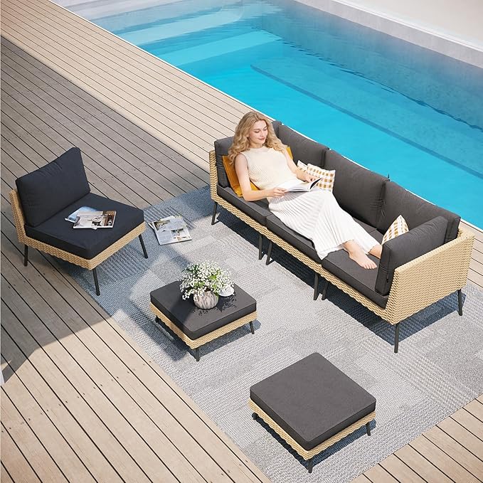 Aoxun 6-Piece Patio Furniture Set, Wicker Outdoor Furniture
