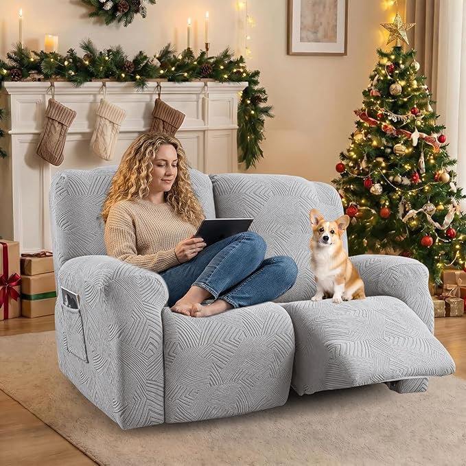 Recliner Loveseat Covers, 4-Piece Stretch Geometric Strokes Jacquard Reclining