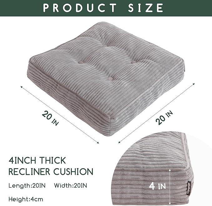 Tufted Corduroy Recliner Seat Cushion for Elderly, High Density Foam Large Square Seat Cushion for Recliner Chair, Floor Pillow, Office Chair, Car, No Pressure on Thighs, 20x20x4