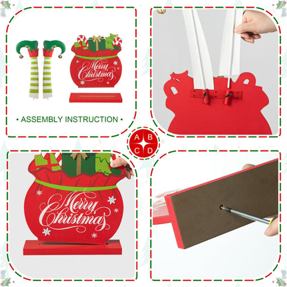 Glitzhome "Merry Christmas" Elf Legs Porch Sign, 24.5" Wood & Metal Gift Bag Display for Holiday, Festive Indoor Outdoor Welcome Greeting Decoration