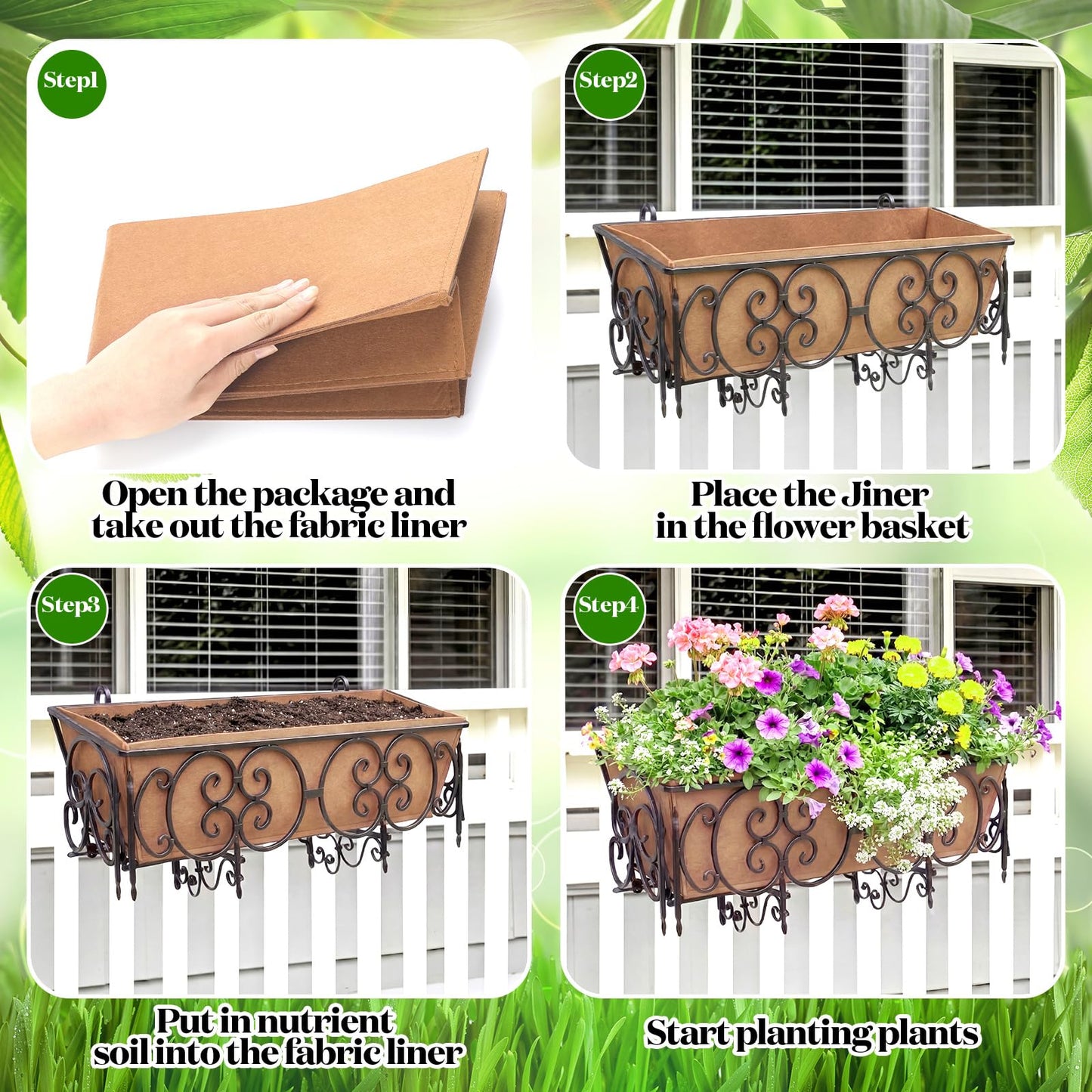Ferrochef 4 Pcs 30 Inch Fabric Plant Window Box Liners Rectangle Non-Woven Planter Basket Liner Insert Brown for Outdoor Garden Fence Wall Railing Hanging Flower Pot, Moisture Retention