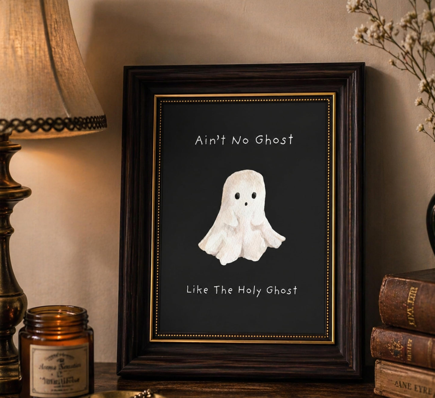 Vbaourut Framed Cute Halloween Wall Art, Funny Holy Ghost Canvas Painting, Cute Ghost Poster with Dark Brown Frame and Upgraded Hook and Loop for Living Room, 9x11 in