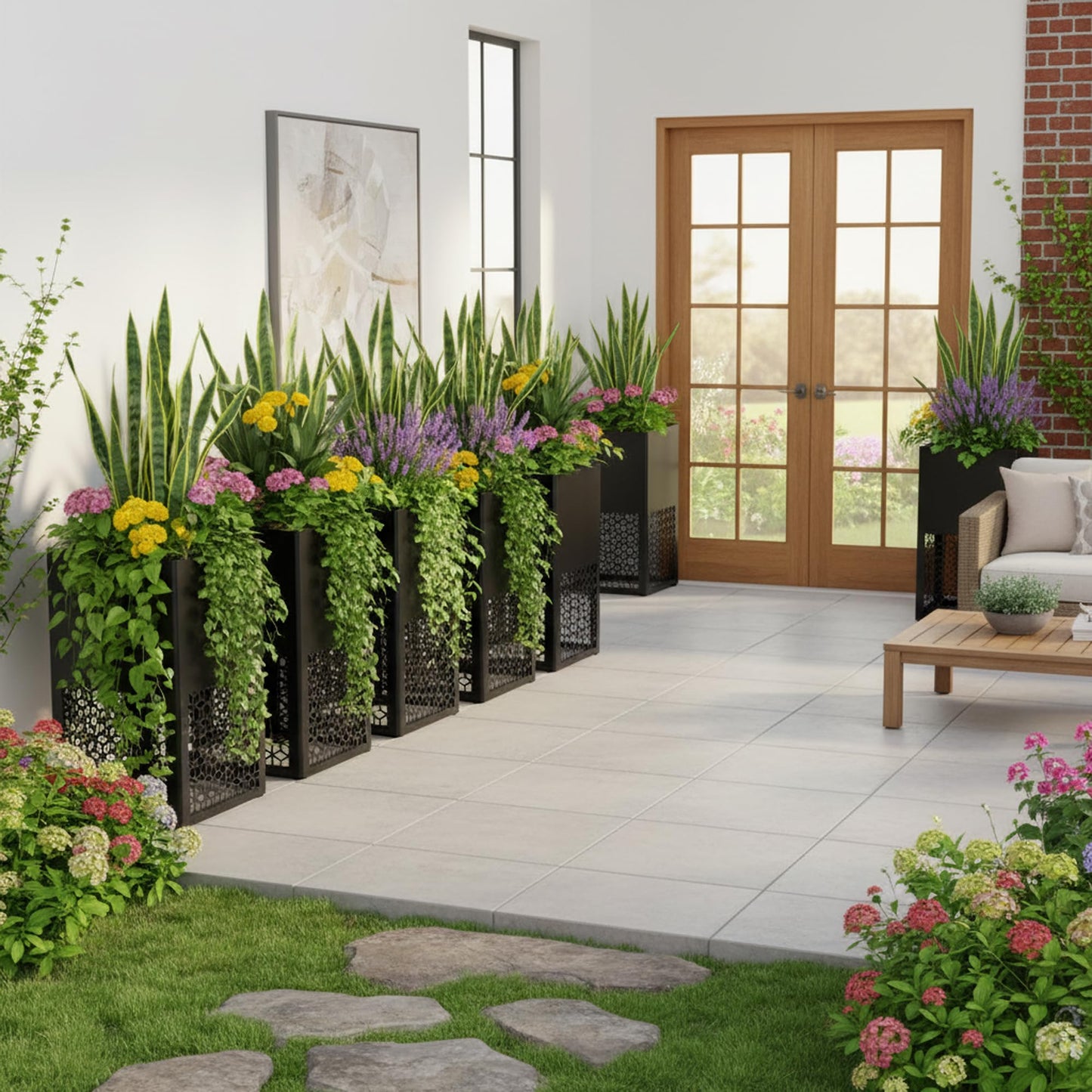 Vrtizalv 2 Pack Tall Metal Planter Box for Outdoor Plants 16" L x 16" W x 30" H, Heavy Duty Tall Rounded Corner Spliced Hollowed-Out Design Planter for Porch, Garden, Patio, Yard Outdoor Plants