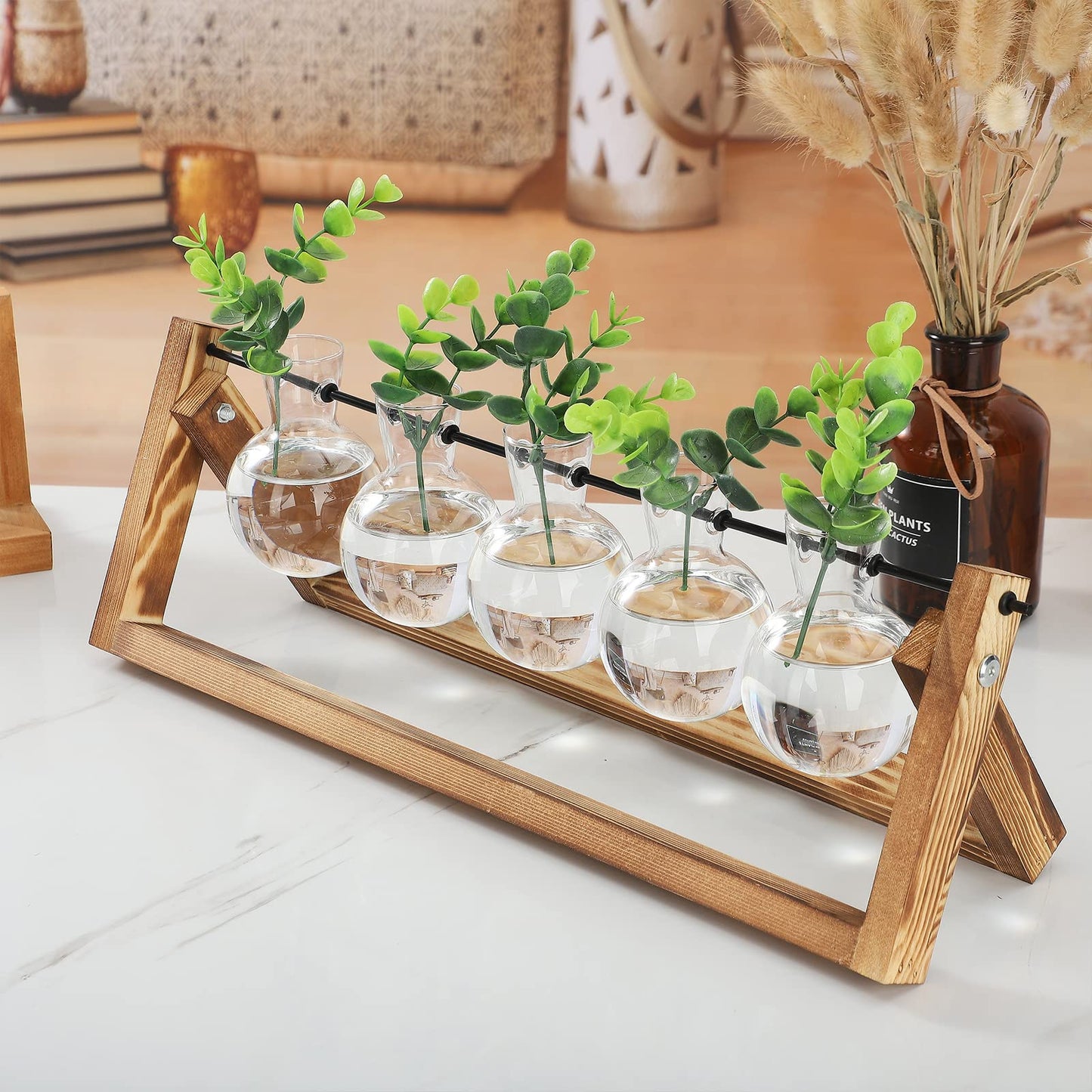 Modern Crystal Test Tube Vases with Wooden Stand Holder Set, Artistic Creative Hydroponics Vase Ornaments, Desktop Bulb Glass Vase, Plant Terrarium Stand for Home Office Garden Decor(U Shaped Rod)