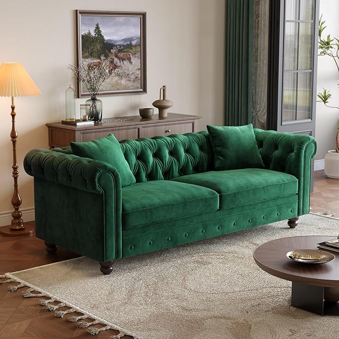 ONBRILL 82 Inch Chesterfield Sofa, 23 Inch Deep Seat Velvet Couch