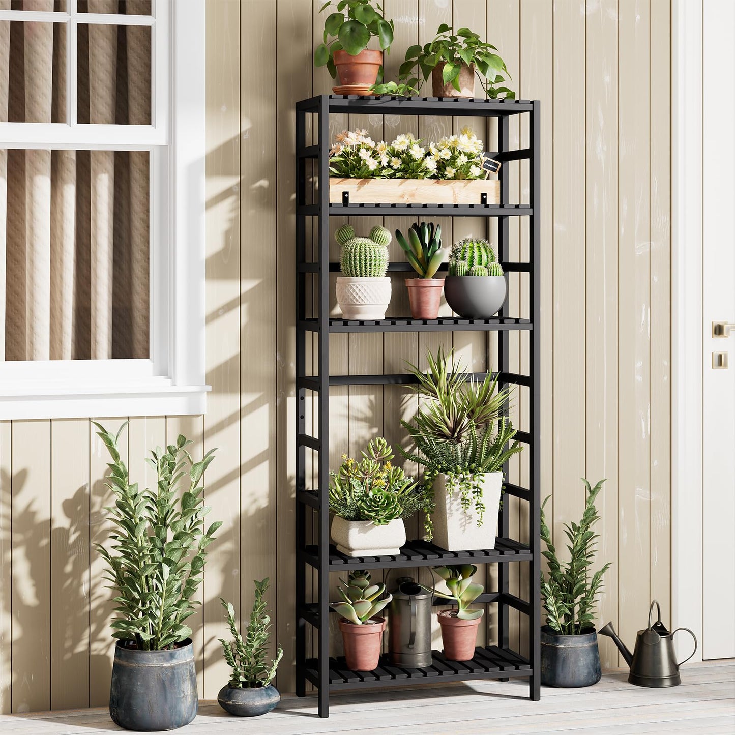 Bamjoy Bamboo Shelf, 6-Tier Bookshelf Adjustable Storage Shelves, Tall Shelving Unit Plant Stand, Storage Rack for Bathroom Home Office Living Room Kitchen, 23.6W x 10.2D x 63.4H Black