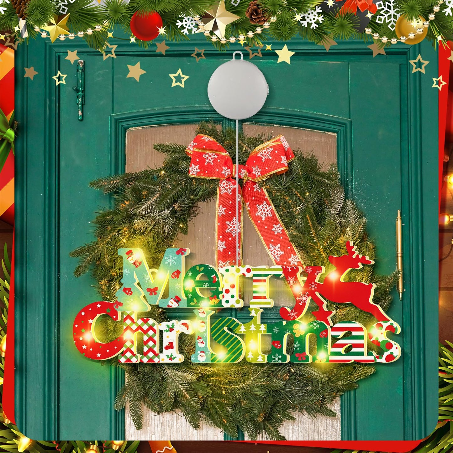 VIHOSE Merry Christmas Wooden Sign with LED Light 11" Merry Christmas Sign Xmas Hanging Ornaments LED Farmhouse Wooden Decorations for Holiday Indoor Outdoor Wall Window Home