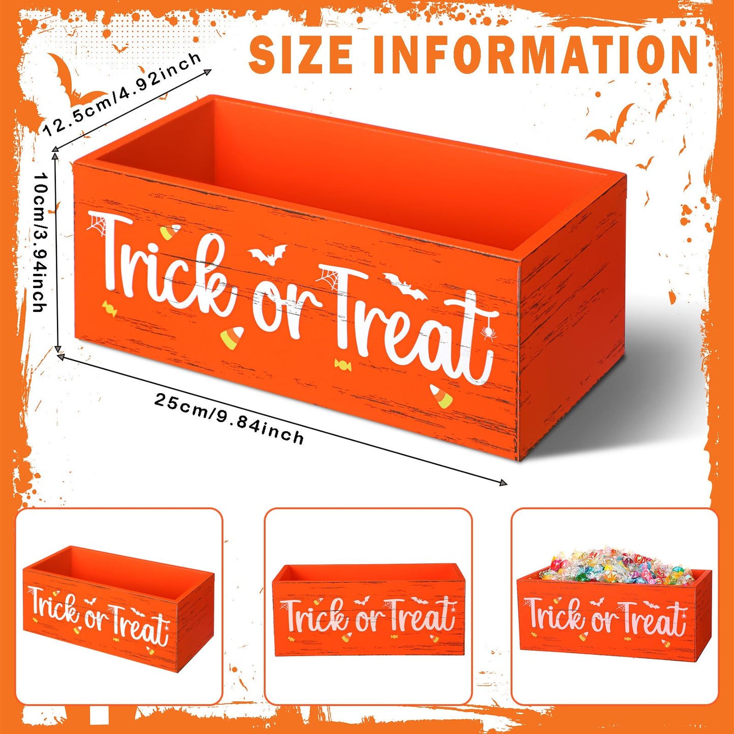 Sintuff Halloween Candy Bowl Wooden Funny Candy Dish Large Trick or Treat Dish Holders Wood Serving Pumpkin Orange Bowl Tableware for Halloween Holiday Party Tiered Tray Decorations(Trick or Treat)