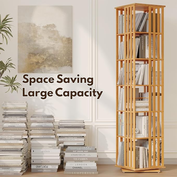YOWOS Rotating Bookshelf Tower, 360° Display Spinning Bookcase, Bamboo