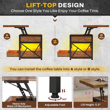 Itaar 40" Lift Top Coffee Table, 4 in 1 Coffee Tables with Storage for Living Room, Small Farmhouse Coffee Table with 2 Drawers & LED Light for Dining Reception Room, Rustic Brown