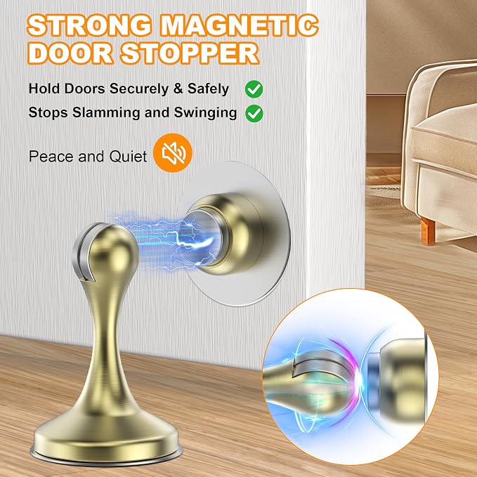 Crosize Magnetic Door Stoppers 1 Pack, Stainless Steel Door Stops for Wall and Floor Mounting, Gate Stops, No Drilling Metal Doorstops with Adhesive Tapes, Gold
