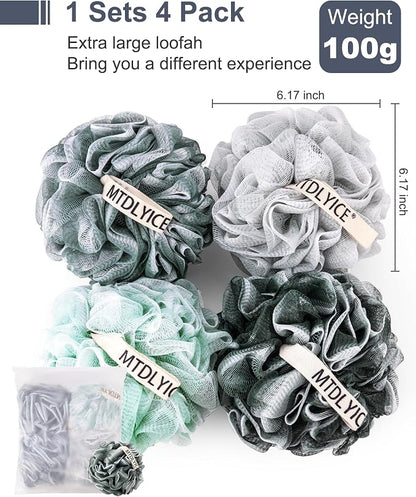 MTDLYICE Loofah Sponge, XXL Large Loofah 100g 4 Pack, Bath Sponge Soft Mesh Shower Loofah for Men, Body Scrub, Shower Pouf Bath Accessories, for Body Wash, Soap (Blue Gray)