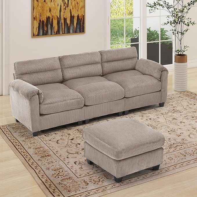 HAOMARKETS Corduroy 2-Piece Sofa Set, Upholstered Ottoman and 3-Seater Sofa